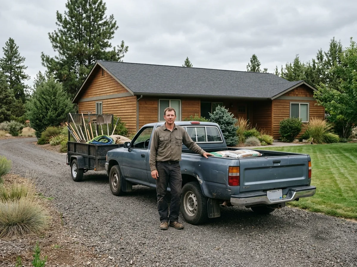 The founder standing beside the original pickup and utility trailer, rakes and shovels loaded, at a job site outside Bend