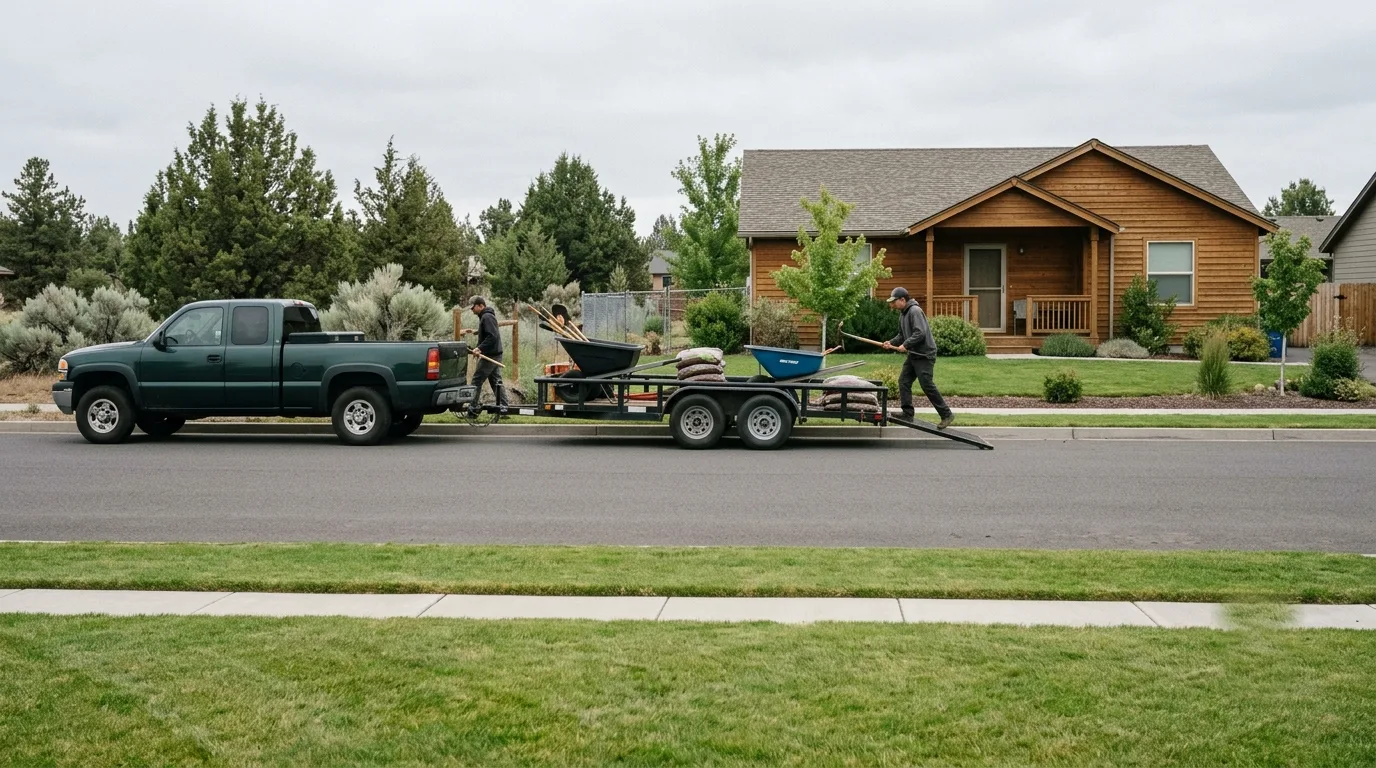 A Cedar & Stone truck and trailer at the curb of a residential job site, crew unloading wheelbarrows and hand tools at the start of the day