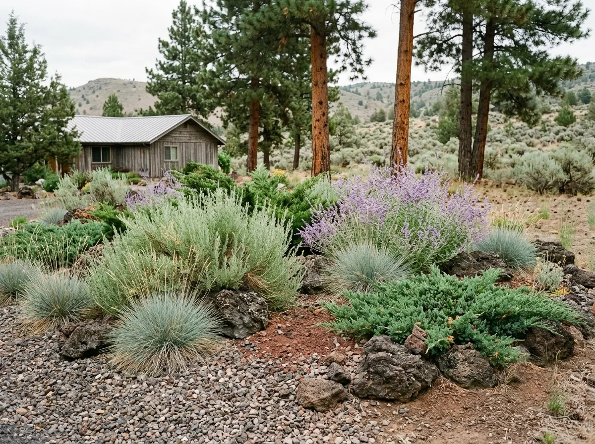 An established high-desert bed — blue fescue, Russian sage and low junipers grown in among lava rock, with ponderosas and dry hills beyond