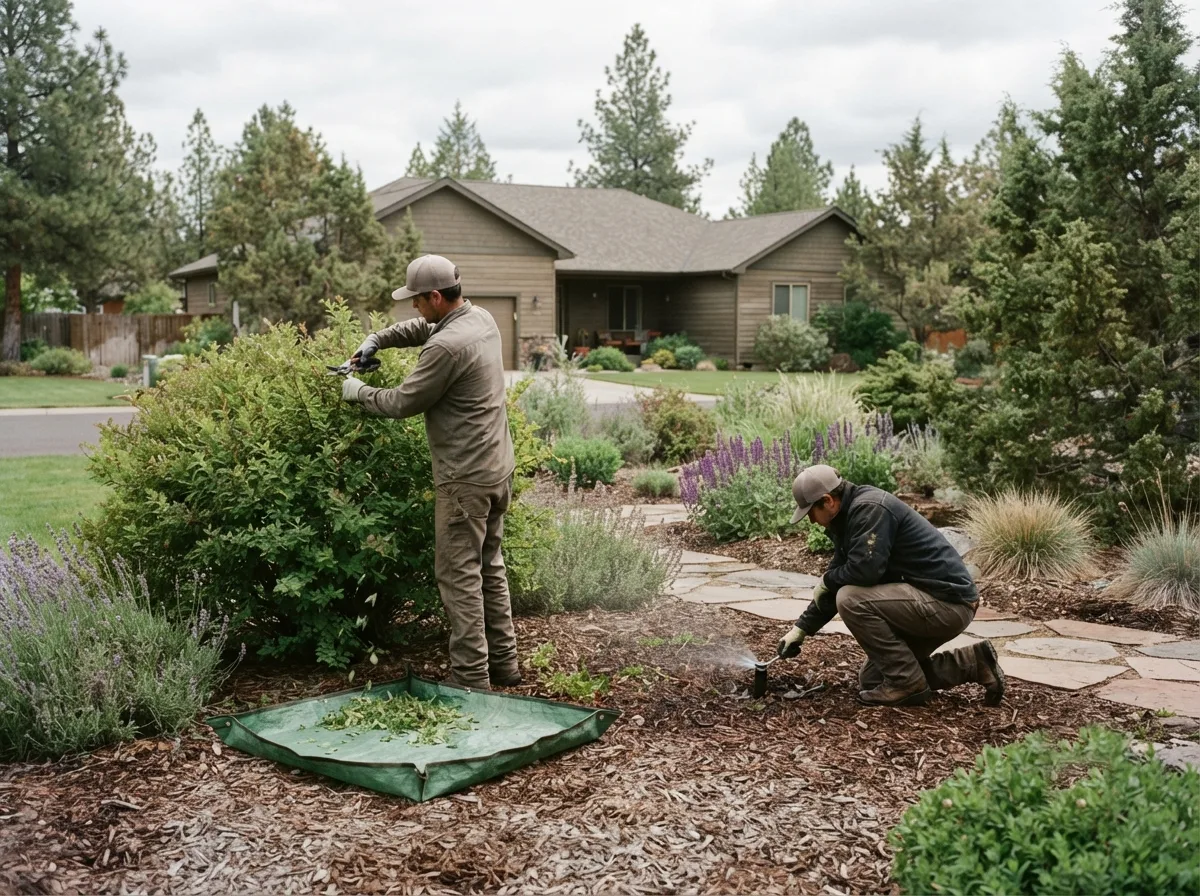 Two crew members on a maintenance visit — one pruning a shrub, the other adjusting a sprinkler head, with a tarp of clippings between them