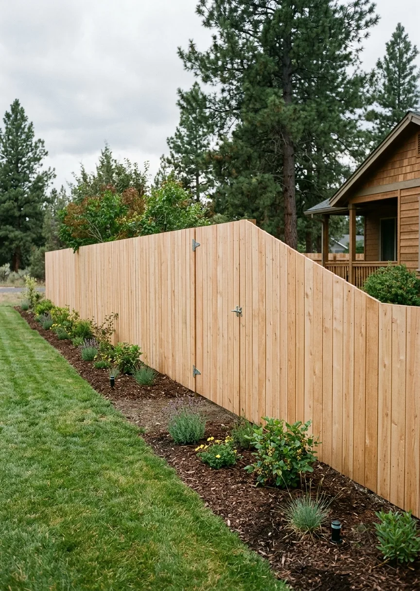 A newly built cedar privacy fence running along a property line, with a narrow planting bed and lawn beside it