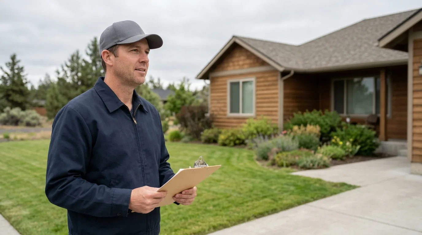 A Cedar & Stone estimator with a clipboard standing on a front walkway, looking over the yard at the start of an estimate visit