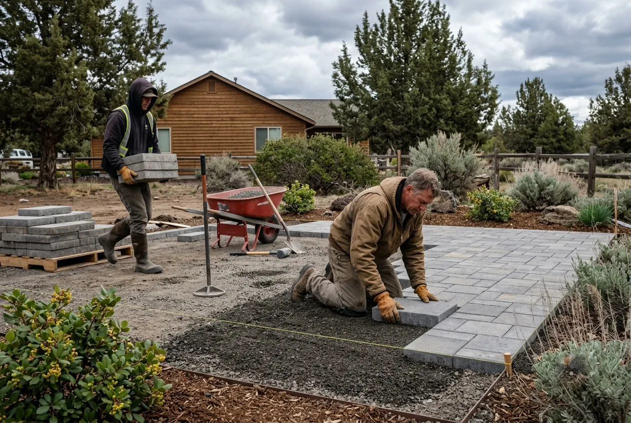 Two crew members installing a paver patio — one setting a paver on the bedding course, the other carrying stone from the pallet