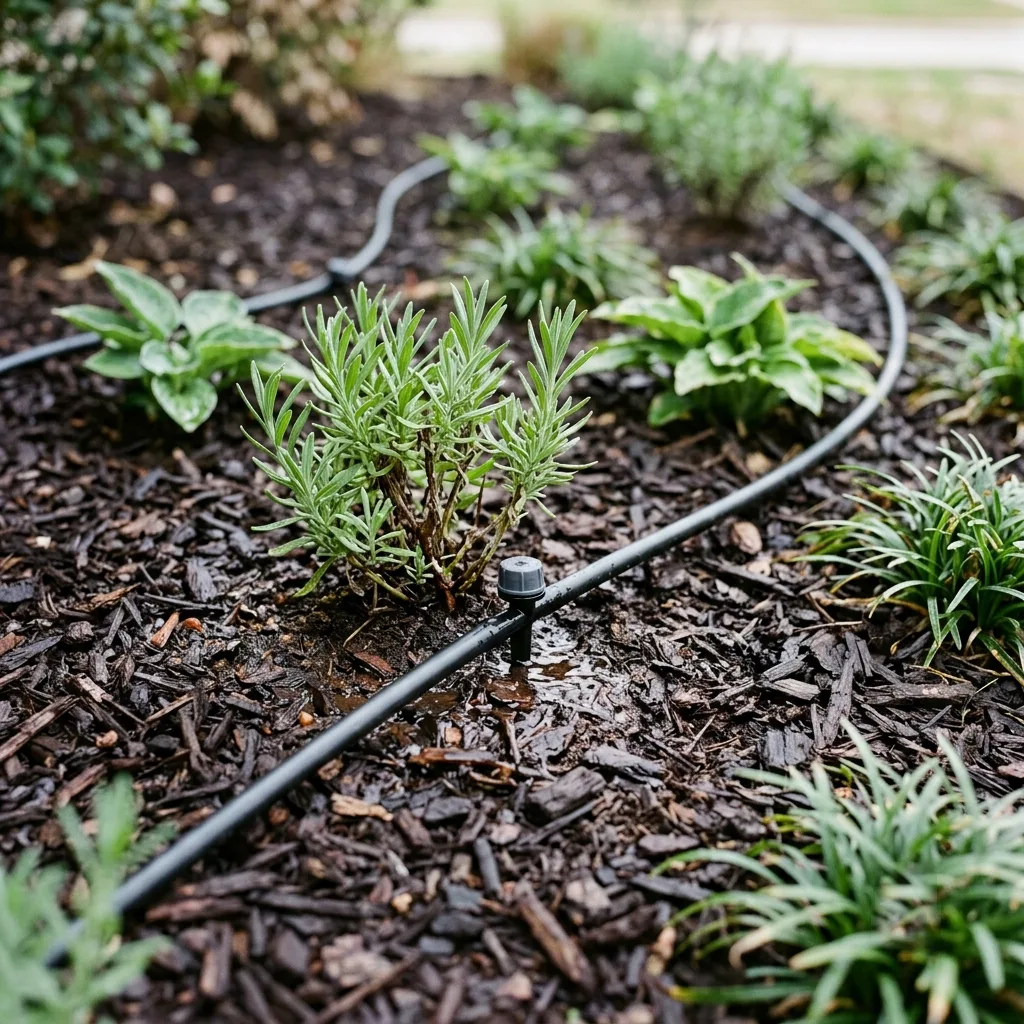 Drip irrigation line running through a mulched planting bed, with an emitter watering the base of a young lavender