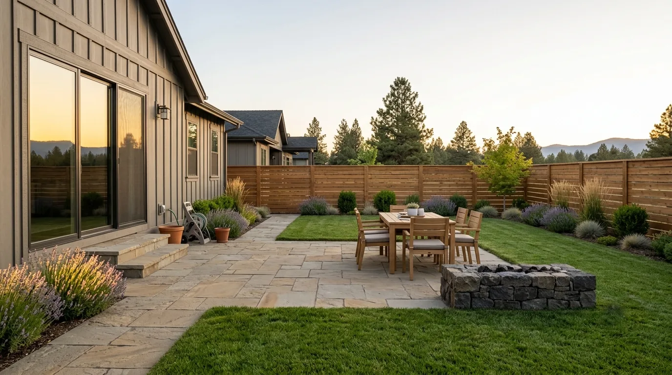 A dry-laid flagstone patio edged with basalt retaining walls, lavender and ornamental grasses backlit by low evening sun, with ponderosa pines and the Cascade foothills beyond