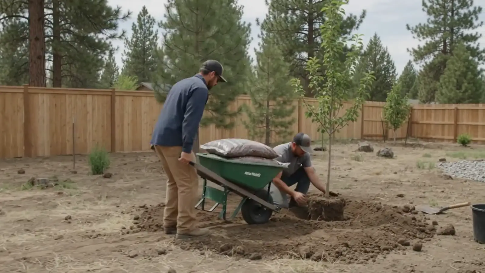 Two Cedar & Stone landscapers at work in a Central Oregon backyard — one wheeling bags of mulch across freshly graded soil to a second who is kneeling to plant a young tree, with a cedar fence and ponderosa pines behind