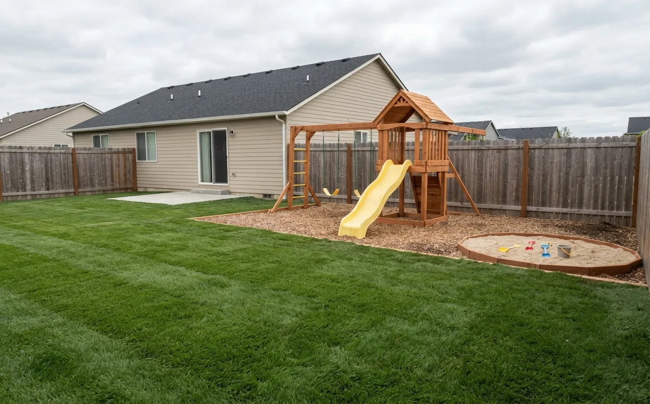 A new backyard lawn with a wooden playset and sandbox against the back fence