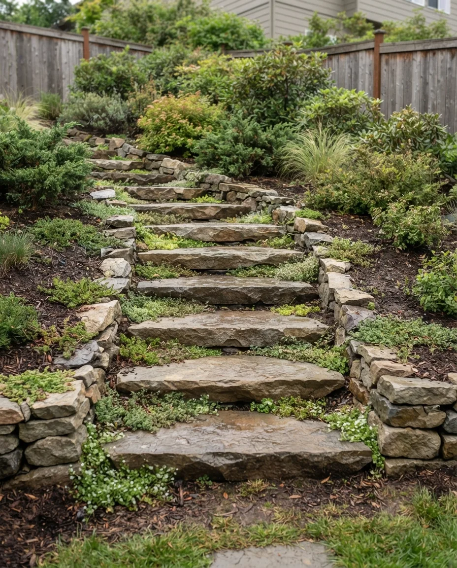 Broad flagstone steps climbing a planted side-yard slope, low stone edging on both sides