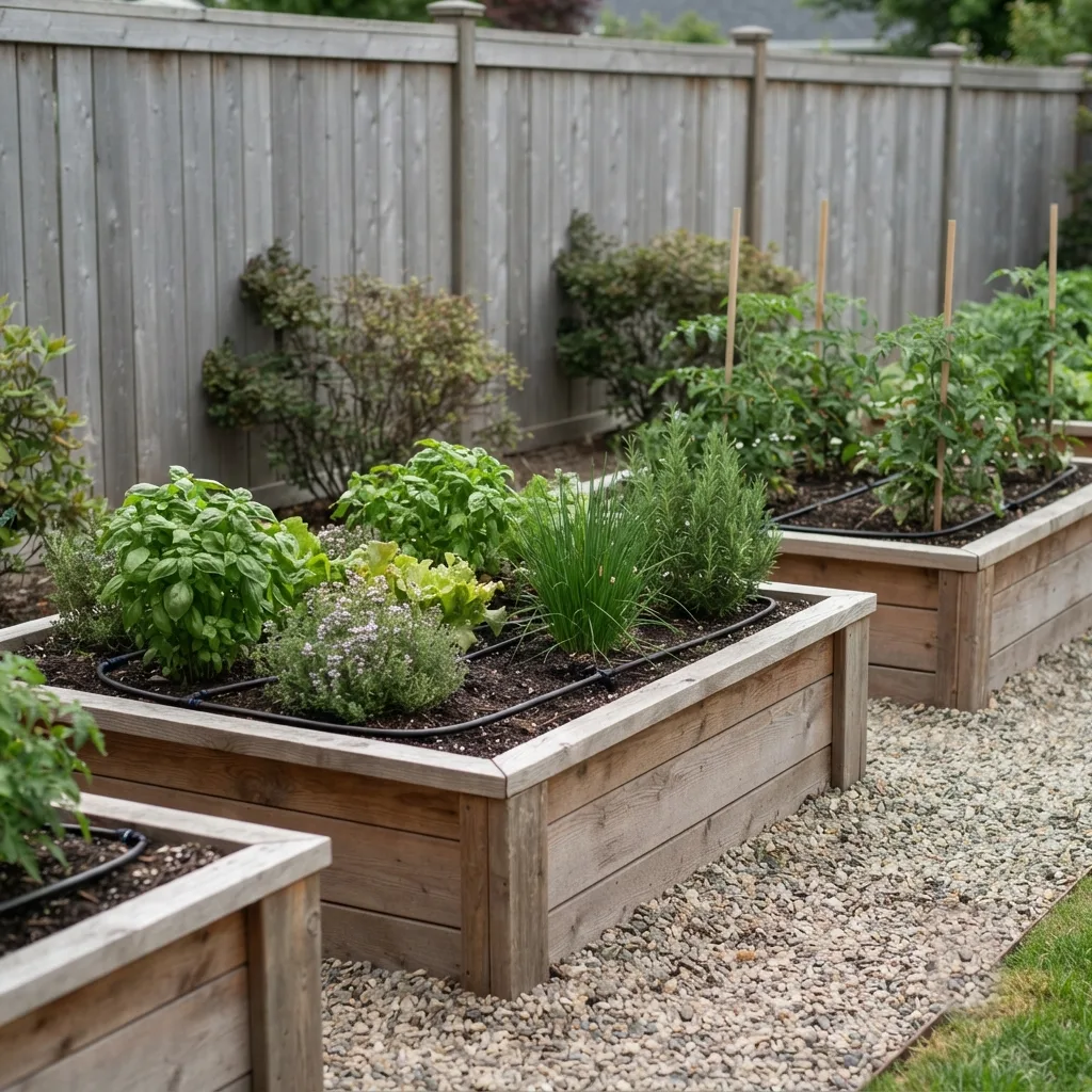 Raised cedar planter boxes of herbs and vegetables along a fence, drip tubing running across the soil