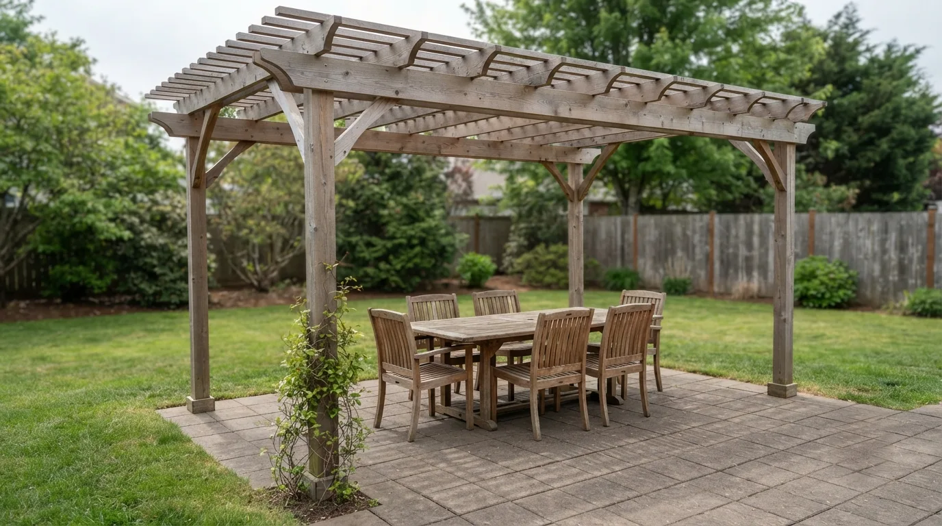 A cedar pergola over a paver patio with a dining table beneath it and a vine starting up one post