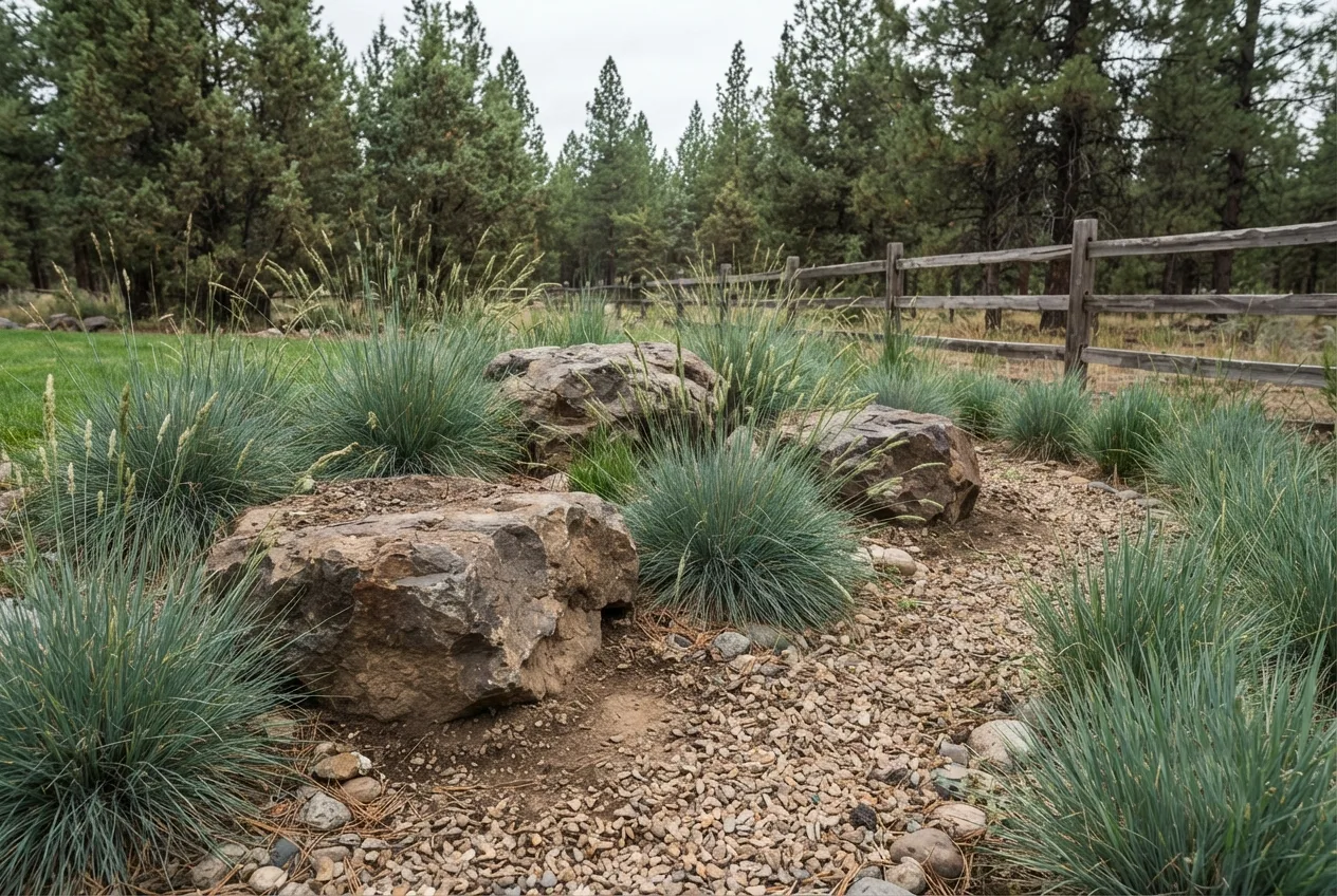 Basalt boulders set among blue bunch grasses and gravel mulch along a rural property edge
