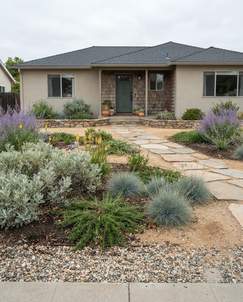 A front yard converted to low-water planting — gravel ground, drought-tolerant drifts, and a flagstone path to the door