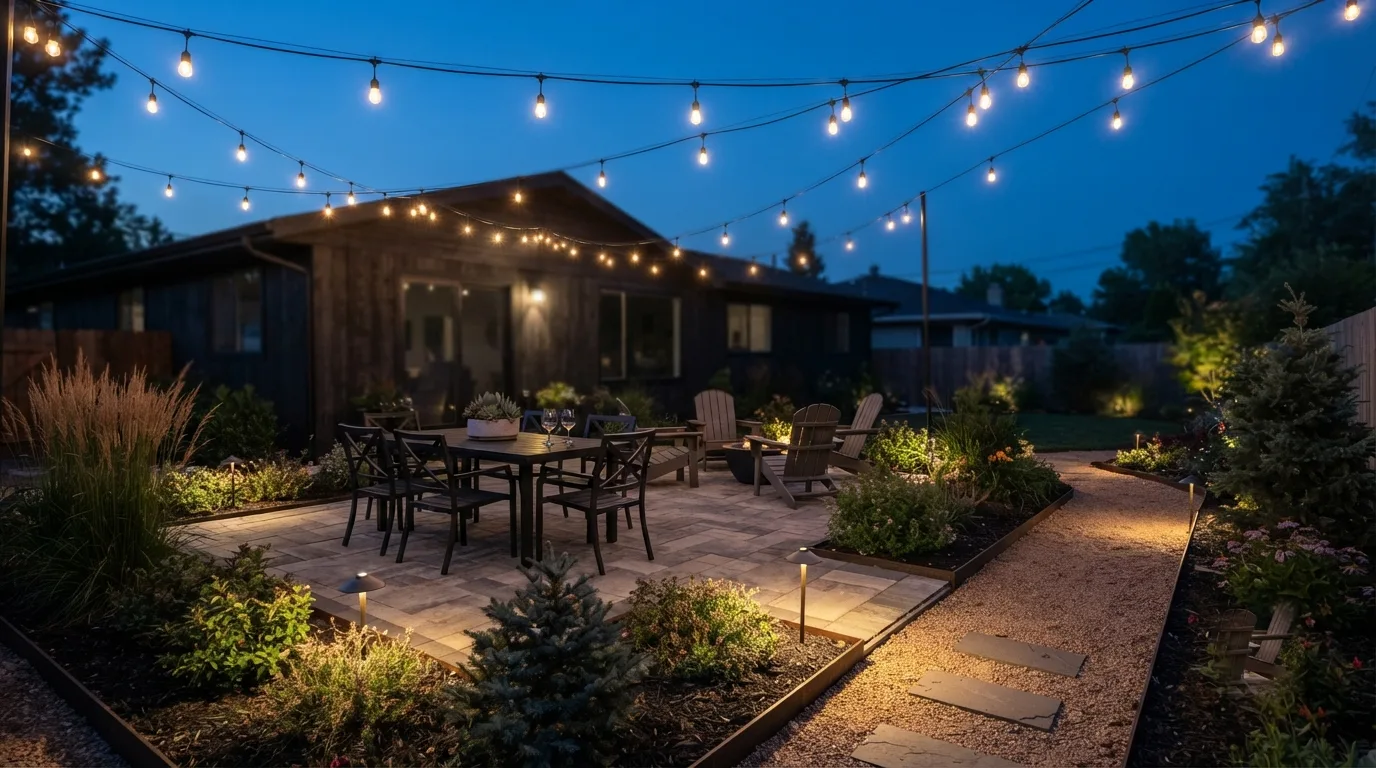 A backyard patio at night under strung café lights, with soft uplighting in the surrounding beds