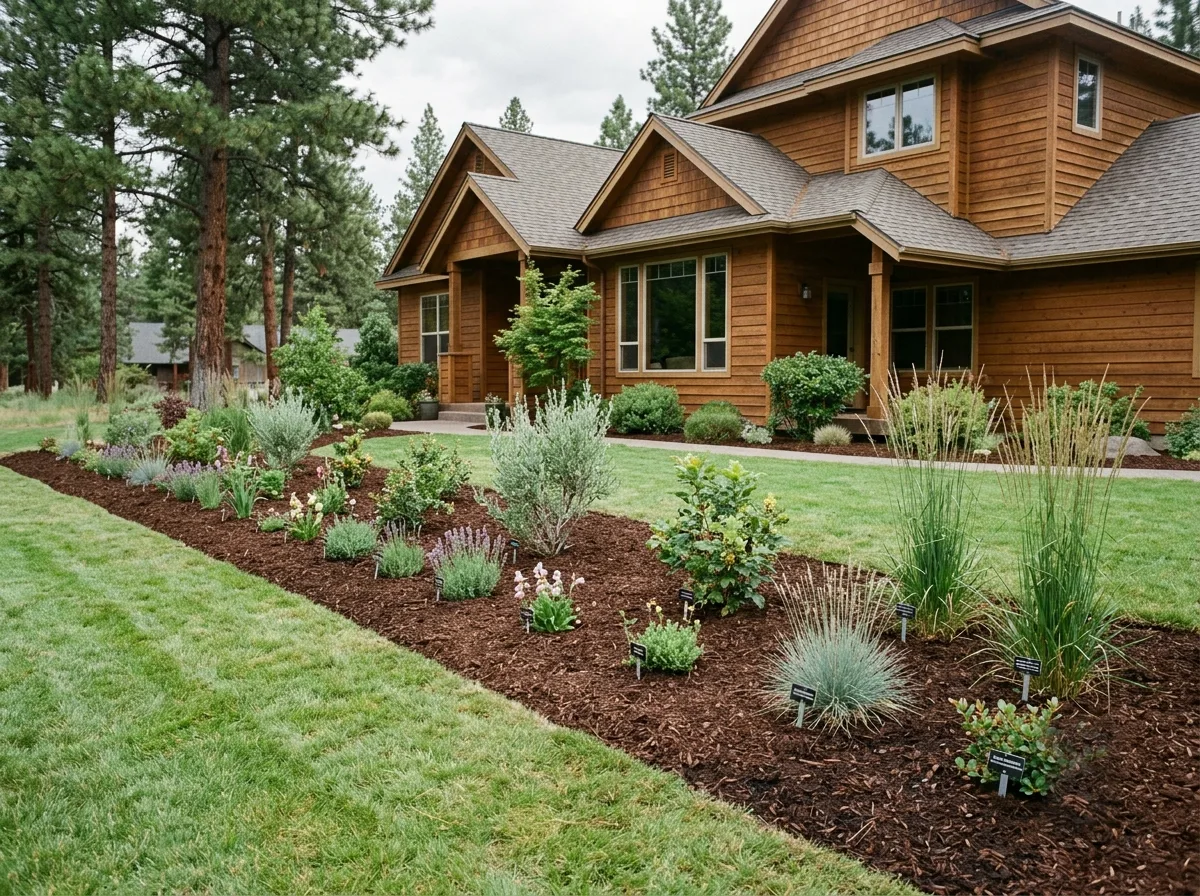 A newly planted front-yard bed filling in — young shrubs, perennials and grasses spaced out over fresh dark mulch, plant tags still in the ground