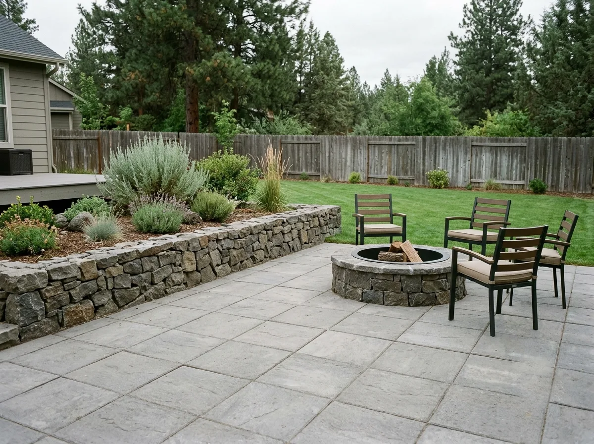 A paver patio with a dry-stacked basalt retaining wall along one edge and a round stone fire pit, chairs set around it