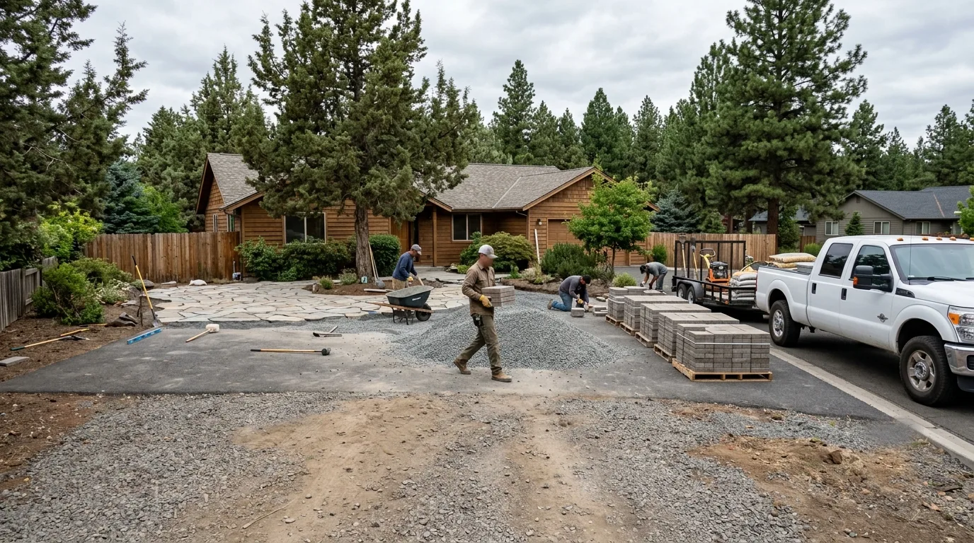 A crew mid-project on a residential install — pallets of pavers and base gravel in the driveway, tools out, a patio taking shape, truck and trailer at the curb