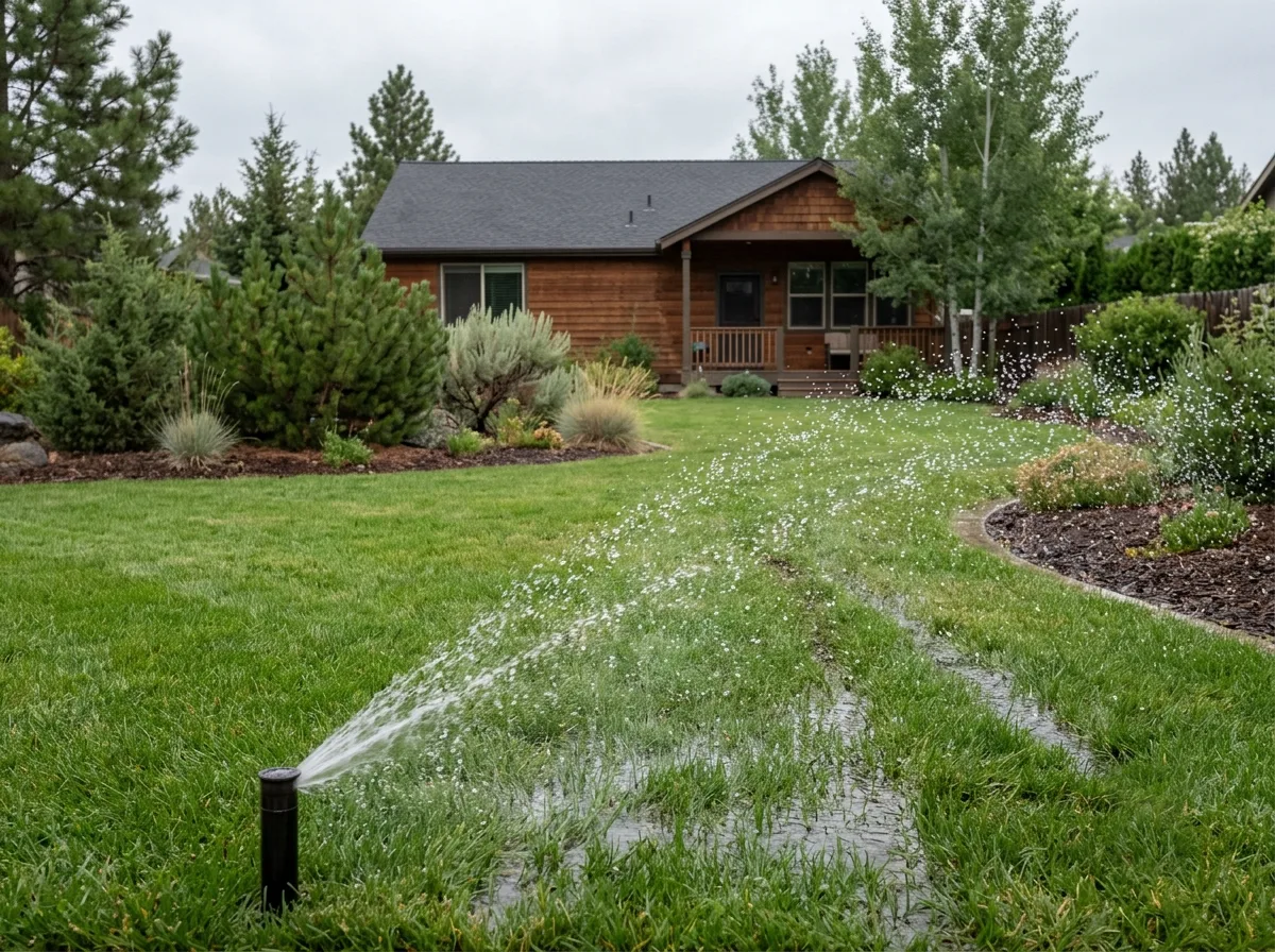 A pop-up sprinkler head spraying an arc of water across a green backyard lawn, the grass visibly wet where it has passed