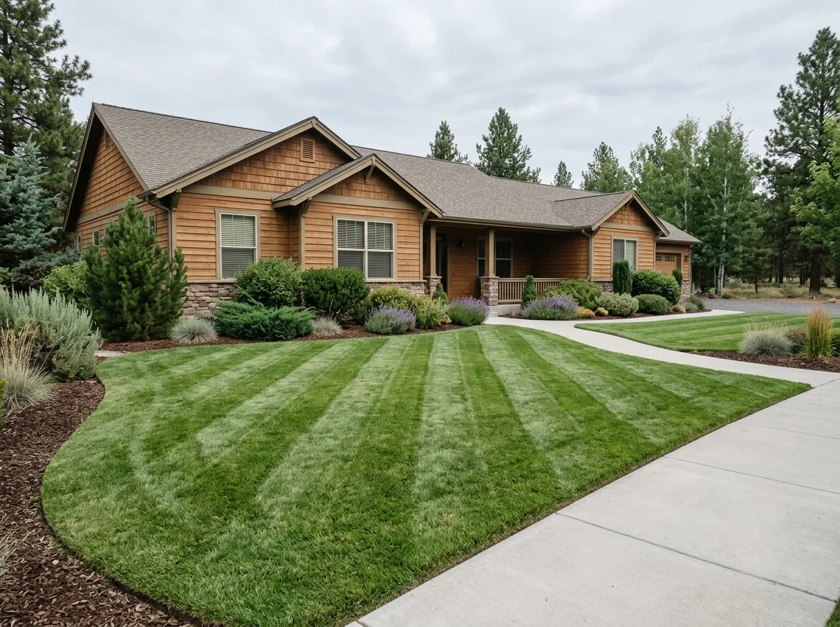 A freshly mown front lawn with clean alternating mower stripes, crisply edged along a concrete walkway