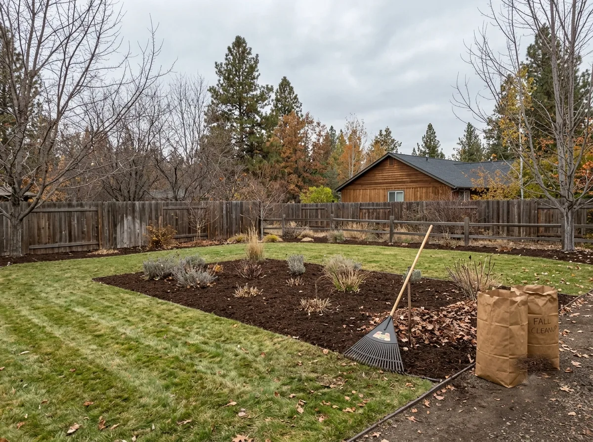 A backyard after a fall cleanup — beds raked and re-mulched, perennials cut back, leaves bagged, bare branches overhead