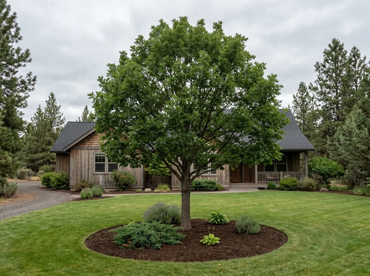 A mature shade tree with a full, evenly shaped canopy standing in a mulched ring on a maintained lawn